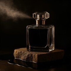 Luxury perfume bottle with spray mist on stone pedestal, elegant fragrance concept, minimal background