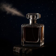 Luxury perfume bottle with spray mist on stone pedestal, elegant fragrance concept, minimal background