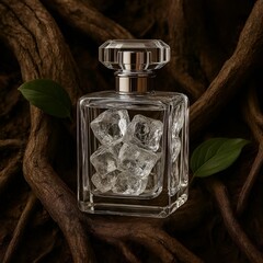 Luxury perfume bottle with spray mist on stone pedestal, elegant fragrance concept, minimal background