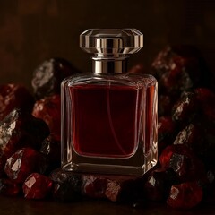 Luxury perfume bottle with spray mist on stone pedestal, elegant fragrance concept, minimal background