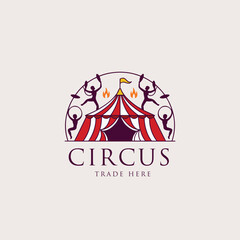 Circus logo design with red tent and performers for entertainment, festival, and event branding