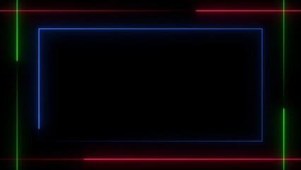 Multi-colored Neon Rectangular Frame with Black Center Keywords: neon, frame, rectangle, border, glowing, light, blue, green, red, abstract, shape, design, background, dark, technology