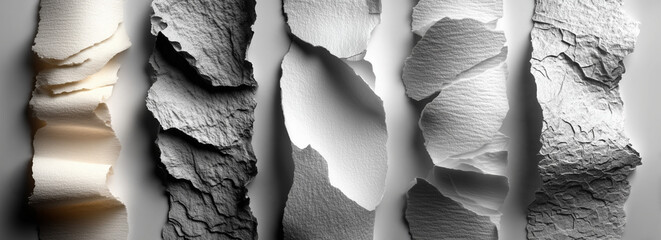 Vector set of seamless torn paper edges with shadows on white background, realistic ripped borders for text and design projects
