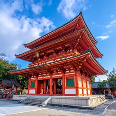 Naklejka premium A vibrant three-story traditional Asian building against a blue sky