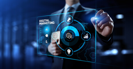 DIgital marketing online internet SEO SEM SMM. Businessman pressing button on screen.