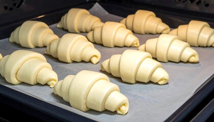 Close-up of uncooked, crescent-shaped pastries lined up on parchment paper inside an oven baking tray. Ready for baking