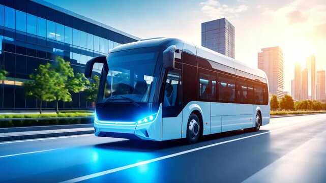 Electric public bus driving on asphalt road with a city skyline and modern buildings in the background on sunny day