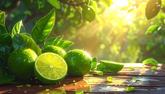 Close-up of vibrant limes, whole and halved, on a wooden surface, with lush green leaves, illuminated by sunlight streaming through a tree