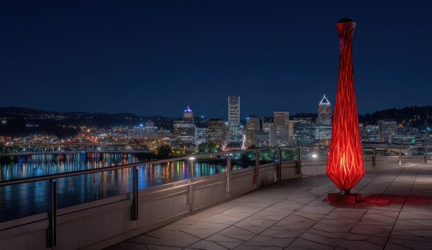 Red architectural sculpture atop city rooftop at night - Powered by Adobe