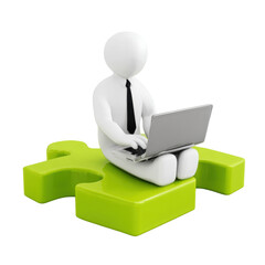 White 3D figure on green puzzle piece working on laptop