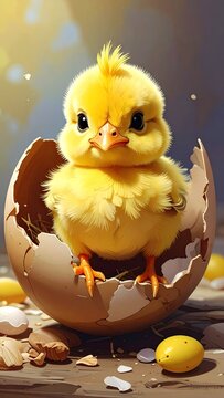 Fluffy Yellow Chickling Emerging from Eggshell