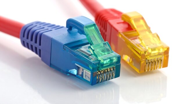 Two colorful ethernet cables with transparent connectors lie on a reflective white surface. Red and blue with yellow connectors - Powered by Adobe