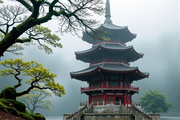 Naklejka premium Ancient pagoda veiled in mist, ornate details hinting at magical secrets within a serene, moss-covered forest, green, misty forest