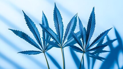 Blue cannabis leaves with shadow on light blue background, medical marijuana concept