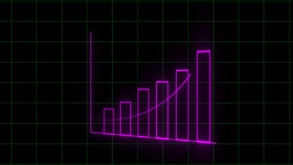 Neon pink bar graph with upward trend line on a dark grid background chart bar chart