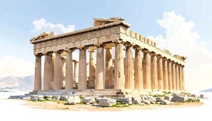 Fototapeta premium Stylized, cartoon-like illustration depicting the Parthenon temple on a sunny day with a pale blue sky. It's rendered in simple gradients and outlines