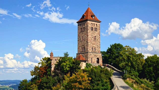 Scenic view of a medieval castle tower on a hilltop with clouds in the sky