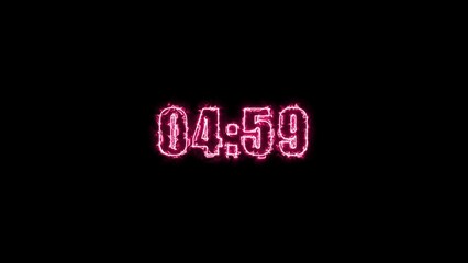 Fototapeta premium Pink fiery digital timer displaying 04:59 with an energetic glow on a black background Keywords: timer, digital, time, clock, countdown, numbers, 04:59, display, graphic, interface, technology