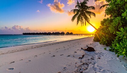 A serene beach scene at sunset with a palm tree, lush greenery, and overwater bungalows. Clear blue water and footprints in the sand