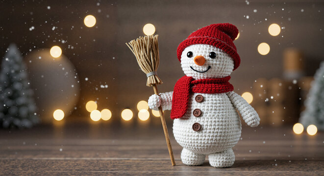 Crochet snowman holding broom with festive lights in winter setting - Powered by Adobe