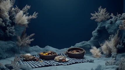 Atmospheric Picnic Setup with Baskets of Food and Blue Landscape Background