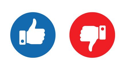 Vector illustration of two social media icons, a blue circle with a white thumbs up and a red circle with a white thumbs down
