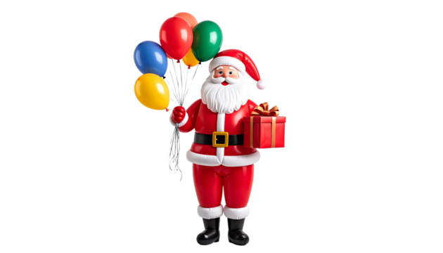 Playful balloon sculpture shaped like Santa Claus holding gifts, isolated on transparent background, creative Christmas decoration.