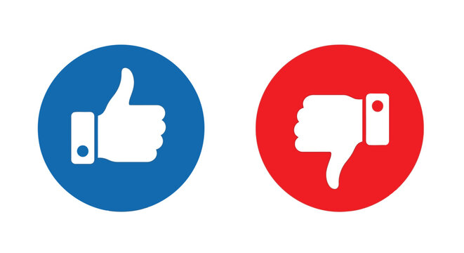 Vector illustration of two social media icons, a blue circle with a white thumbs up and a red circle with a white thumbs down