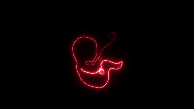 Red Neon Outline Of A Fetus With A Heart Shaped Umbilical Cord On Black Background abstract baby