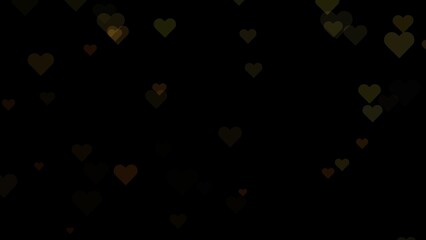 Scattered Transparent Yellow and Orange Heart Shapes Floating Against a Black Background hearts