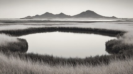 Serene monochrome wetland landscape with mountain backdrop reflected on calm water