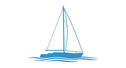 A stylized blue sailboat with billowing sails floats on stylized waves against a white background