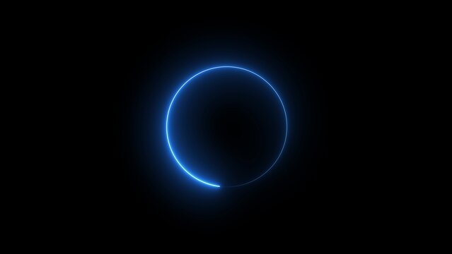 Single Blue Neon Circle Glowing on a Black Background Keywords: neon, circle, glowing, light, blue, abstract, shape, ring, loop, energy, futuristic, modern, technology, design, background, dark