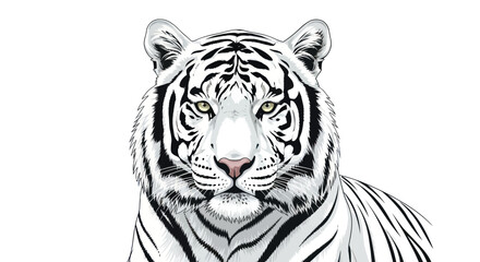 Close-up of a white tiger with black stripes, facing forward on a white background