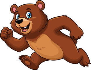 Cute happy cartoon brown bear running fast, smiling animal character, funny wildlife mascot design, white background vector illustration for kids