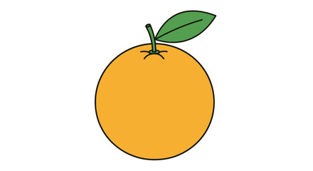 A stylized cartoon orange, circular and bright, with a green stem and leaf, on a white background