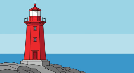 A red lighthouse stands on a rocky coast, overlooking the blue sea and sky