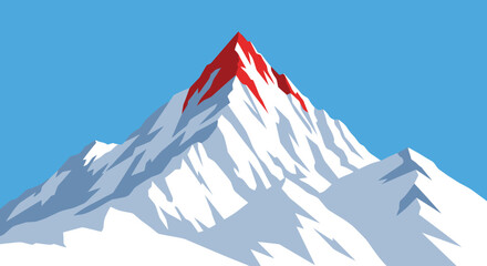 Stylized illustration of a snow-capped mountain with red accents against a blue sky