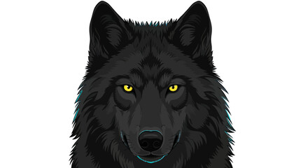 A stylized illustration depicts a direct frontal view of a black wolf's face with vibrant yellow eyes