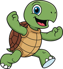 Cute happy cartoon turtle running fast, smiling sea animal character, adorable green tortoise mascot design, white background vector illustration for kids