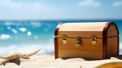 Treasure chest with starfish sitting in sand near sea ocean