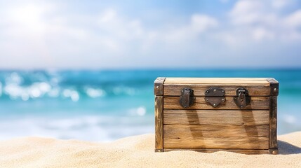 A Wood Treasure Chest on Sand beach With Ocean Background Summer Concept