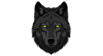 A close-up portrait features a black wolf's head with striking yellow eyes, set against a white backdrop