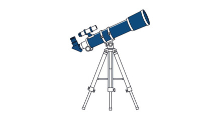 An illustrated telescope, featuring a blue body and white tripod, set against a clean white background