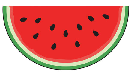 A stylized watermelon slice graphic with red flesh, black seeds, white and green rind on white
