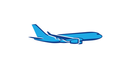 A stylized, blue and dark-blue airplane graphic on a white background, side view