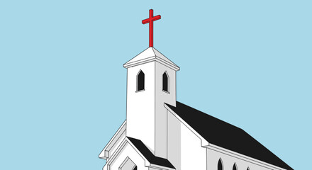 Vector-style illustration depicts a white church with a red cross atop its steeple, against blue sky