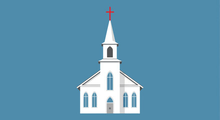 A minimalist, symmetrical illustration of a white church with a red cross atop its steeple