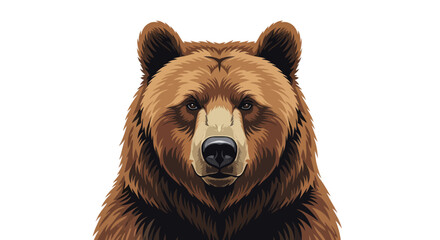 A front-facing, detailed illustration of a brown bear's head with a white background