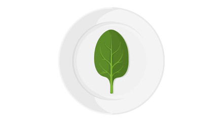 A fresh green spinach leaf rests atop a plain white plate in a simple flat illustration style